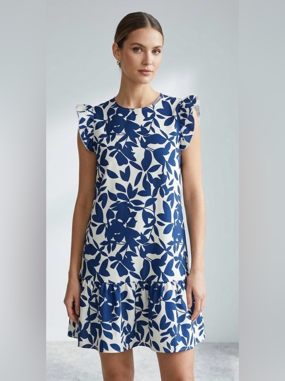 SHEIN Navy and White Floral Ruffle Hem Tunic Dress